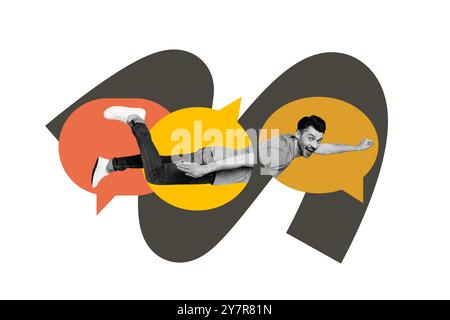 Collage d'image d'esquisse de tendance composite de jeune homme miniature monochrome mouche superman Fist message de chat de nuage de discours droit Banque D'Images