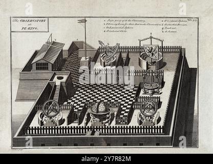 Illustration vintage de l'observatoire de Pékin. Gravure de W.H. Toms. 1700-1790 a. marches allant jusqu'à l'Observatoire, b. Une salle de retraite pour ceux qui font des obsevations, c. une sphère équinoctiale, d. Un globe céleste, e. Une sphère zodiacale, F. Azimuthal Horizon, g. Quadrant, h. Un sextant Banque D'Images