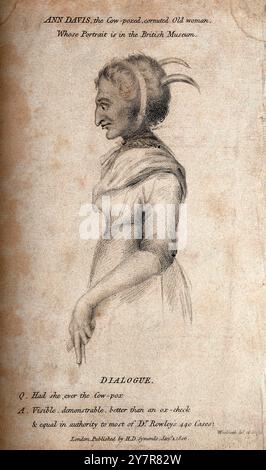 Illustration vintage d'Ann Davis, une femme avec la variole et les cornes poussant hors de sa tête. Gravure en pointillés par T. Woolnoth, 1806. Banque D'Images