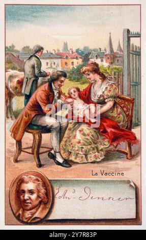 Edward Jenner vaccinant un jeune enfant, tenu par sa mère, avec un homme derrière prenant la varicelle d'une vache. Chromolithographe. Edward Jenner FRS FRCPE (1749-1823) est un médecin et scientifique anglais qui a été le pionnier du concept de vaccins et a créé le vaccin contre la variole, le premier vaccin au monde[2][3]. Les termes vaccin et vaccination sont dérivés de Variolae vaccinae ("pustules de la vache"), le terme conçu par Jenner pour désigner la variole. Il l'a utilisée en 1798 dans le titre de son enquête sur les Variolae vaccinae connues sous le nom de variole de la vache, dans laquelle il a décrit l'effet protecteur de la variole de la vache contre Banque D'Images