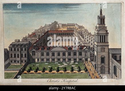 Christ's Hospital, Londres : une vue plongeante, avec draps disposés à sécher.Gravure colorée par W. Toms. Banque D'Images