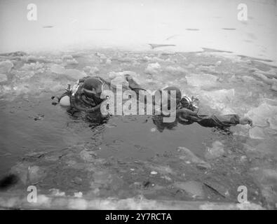 LIT DANS LA GLACE. Chaque dimanche, un groupe de passionnés portant leurs combinaisons d'exposition plongent dans les eaux glacées de Laughing Water Creek, Dartford, Kent. Mais aujourd'hui, avant de pouvoir profiter de leur baignade, ils ont dû briser la glace épaisse. PHOTOS I.N.P. Mlle Pauline M. Ady, 24 ans, de Teddington, va nager dans un appareil Banque D'Images