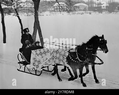 ROYAL SLEDGE DRIVE. 27.1,54. Le petit prince héritier suédois Carl Gustaf a profité du climat hivernal agréable pour une promenade en luge dans le parc de Djurgarden, Stockholm, hier. Il est vu assis juste à côté de son infirmière et de ses camarades de jeu ; à côté de lui se trouve le jeune Carl-Johan Smith. Notez les pièges de dentelle élaborés pour les chevaux. 532.EM 74191. Photos d'actualités internationales. Banque D'Images