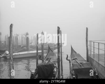 Photo en noir et blanc des gondoles amarrées dans l'eau de Venise par une journée brumeuse. Concept de transport. Banque D'Images