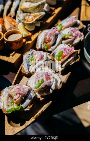 Sandwichs ouverts avec hareng, fromage à la crème, oignons marinés et herbes sur pain de seigle Banque D'Images