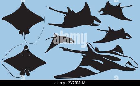 Raie manta, silhouette de poisson de raies aigle, animaux vectoriels de l'eau de mer et d'océan nagent avec des ailerons et des queues ondulantes, patin de plongée, raie raie raie ou aigle Illustration de Vecteur