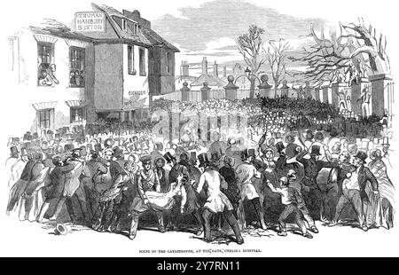 LE GRAND CORTÈGE FUNÈBRE DU DUC DE WELLINGTONLe couchage dans l'état du duc de Wellington à l'hôpital de Chelsea, Londres, Angleterre. Scène de la catastrophe, à la porte, hôpital de Chelsea, Londres, Angleterre. 20 novembre 1852 Banque D'Images