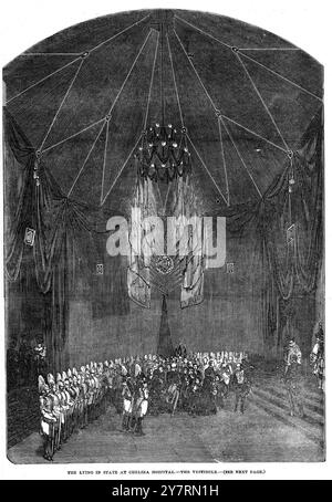 LE GRAND CORTÈGE FUNÈBRE DU DUC DE WELLINGTONLe couchage dans l'état du duc de Wellington à l'hôpital de Chelsea, Londres, Angleterre. La visite de sa Majesté la Reine au spectacle solennel dans la Grande salle de l'hôpital de Chelsea, le jeudi 11 novembre 1852 20 novembre 1852 Banque D'Images