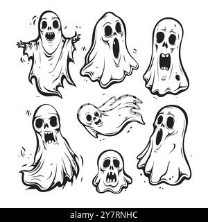 Doodle collection de fantômes dessinés à la main. Dessiner la conception pour Halloween. Éléments de dessin animé noir sur fond blanc. Bon pour les pages à colorier, autocollants, tatoo. Illustration de Vecteur