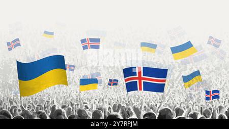 Les gens brandissent le drapeau de l'Islande et de l'Ukraine, symbolisant la solidarité de l'Islande envers l'Ukraine. Illustration vectorielle. Illustration de Vecteur