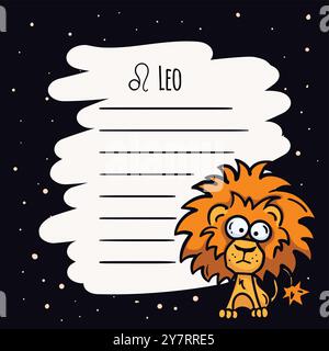 Modèle de page de bloc-notes vectoriel simple avec le signe du zodiaque Leo. Symboles astrologiques de l'horoscope. Carte pour les souhaits textuels, les prédictions Illustration de Vecteur
