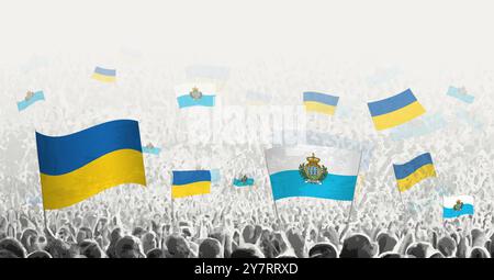 Les gens brandissent le drapeau de Saint-Marin et de l'Ukraine, symbolisant la solidarité de Saint-Marin envers l'Ukraine. Illustration vectorielle. Illustration de Vecteur