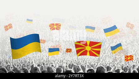 Les gens brandissent le drapeau de la Macédoine du Nord et de l'Ukraine, symbolisant la solidarité de la Macédoine du Nord pour l'Ukraine. Illustration vectorielle. Illustration de Vecteur