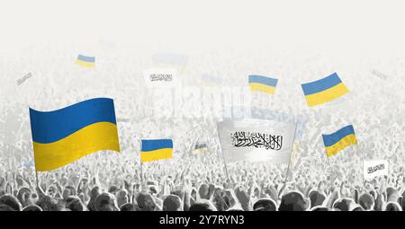 Des gens brandissent le drapeau de l'Afghanistan et de l'Ukraine, symbolisant la solidarité de l'Afghanistan envers l'Ukraine. Illustration vectorielle. Illustration de Vecteur