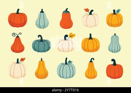 Ensemble de citrouilles de différentes formes, tailles et couleurs Illustration de Vecteur