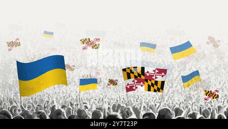 Les gens agitent le drapeau du Maryland et de l'Ukraine, symbolisant la solidarité du Maryland pour l'Ukraine. Illustration vectorielle. Illustration de Vecteur