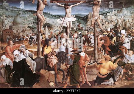 PROVOST, Jan (né vers 1465, Mons, d. 1529, Bruges) Crucifixion - huile sur panneau de chêne, 117 x 172,5 cm Groeninge Museum, Bruges en 1971, la Crucifixion de l'église du village de Koolkerke est entrée dans la collection du Musée Groeninge à titre de prêt permanent. L'existence de ce grand panel était jusque-là inconnue, son anonymat même aidant à préserver ce qui s'est avéré être un chef-d'œuvre de Provost. Le tableau montre un panorama dramatique, presque filmique, de la scène du Golgotha. Cette œuvre a été produite dans la période de maturité de l'artiste. --- mots-clés : ------------- Auteur Banque D'Images