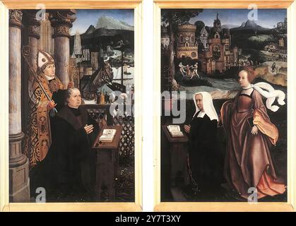 PROVOST, Jan (né vers 1465, Mons, d. 1529, Bruges) donateur avec St Nicolas et sa femme avec St Godelina - huile sur panneau de chêne, 120 x 79 cm (chacun) Musée Groeninge, Bruges ces panneaux dans leur cadre original appartenaient à un triptyque de l'ancien monastère dominicain de Bruges. Le panneau central du triptyque a été perdu. --- mots-clés : ------------- Auteur : PROVOST, Jan titre : donateur avec St Nicolas et sa femme avec St Godelina chronologie : 1501-1550 École : flamande forme : peinture type : religieux Banque D'Images