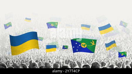 Les gens agitent le drapeau de l'île Christmas et de l'Ukraine, symbolisant la solidarité de l'île Christmas pour l'Ukraine. Illustration vectorielle. Illustration de Vecteur