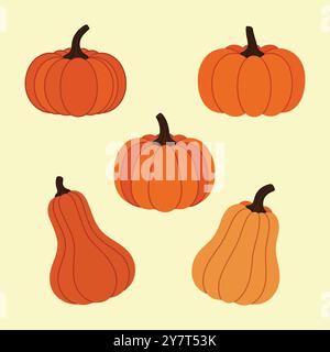Ensemble de citrouilles de différentes formes, tailles et couleurs Illustration de Vecteur