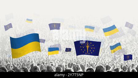 Des gens brandissant le drapeau de l'Indiana et de l'Ukraine, symbolisant la solidarité de l'Indiana pour l'Ukraine. Illustration vectorielle. Illustration de Vecteur
