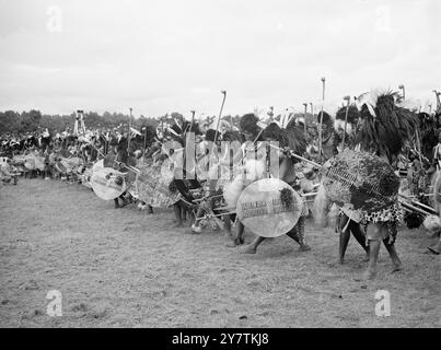 Les guerriers swazis sifflent salutation à la famille Royale une masse de guerriers swazis , 4 000 forts, avec des gaines en peau de léopard, des assegais , des nobkerries et des boucliers en peau de boeuf ont salué le roi George avec l'étrange sifflet entre les dents serrées qui est leur forme du salut royal lorsque la famille royale a visité Goedegun au Swaziland pendant leur tournée sud-africaine. SPECTACLES DE PHOTOS : les guerriers exécutant une danse qui est traditionnellement donnée aux visiteurs du plus haut rang 31 mars 1947 Banque D'Images