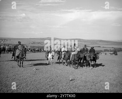 Les indigènes voyagent beaucoup de miles à cheval pour saluer le roi pendant la tournée royale de l'Afrique du Sud Une grande foule d'indigènes , de tous les territoires transkeiens pour rendre hommage à la famille royale , quand ils ont visité la capitale indigène pendant leur tournée de l'Afrique du Sud. Expositions de photos : cavaliers indigènes montant pour saluer la famille royale à Umtata , Transkei , de tous les territoires transkeiens 12 mars 1947 Banque D'Images