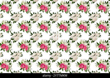 Fond floral basé sur un motif sans couture. Motif de pivoines et fleurs de jasmin isolés sur blanc. Parfait pour les cartes, invitations, papier peint, WR Banque D'Images