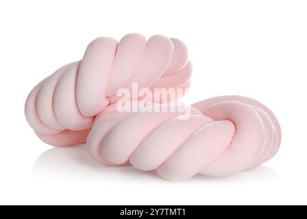 Coussins roses en forme de noeud isolés sur blanc Banque D'Images