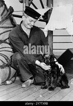 HMS CALIFORNIA DANS LE PORT américain photos montre : Able Seaman Arthur Pinnell avec la mascotte «Duchess» du HMS California, alors que le navire britannique se trouvait à Boston Navy Yard où il subit une révision. 20 octobre 1941 Banque D'Images