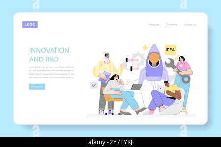 Innovation et concept de R D. L'équipe créative collabore à la recherche et au développement avec la haute technologie et les idées. Travail d'équipe professionnel dans un environnement numérique. Illustration vectorielle. Illustration de Vecteur