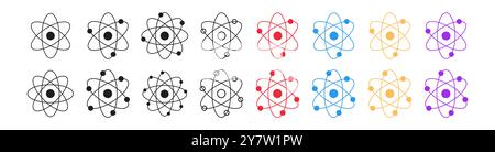 Ensemble d'icônes d'atomes avec des versions colorées, silhouettes noires, atomes entourés de noir avec des électrons en orbite, isolés sur fond blanc. Concept de SCI Illustration de Vecteur