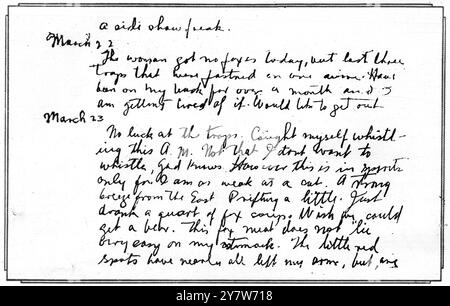 Des dossiers pathétiques ont été trouvés au camp sur l'île Wrangel lorsque l'expédition de secours dirigée par M. Harold Noice y est arrivée le 20 août dernier, pour découvrir que la femme esquimau, Ada Blackjack, était la seule survivante de l'expédition. Vu ici: "Je me suis attrapé siffler cette AM. Non pas que je ne veuille pas siffler. God Knows' : la dernière entrée dans le journal de Lorne Knight, le brave américain qui est mort sur l'île Wrangel, chargeant la femme esquimau, qui lui a survécu, de continuer le disque. 29 décembre 1923 Banque D'Images