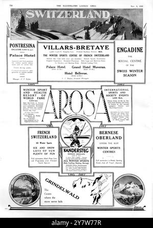 Annonces pour divers hôtels et stations de ski en Suisse, telles que parues dans l'Illustrated London News.8 novembre 1930 Banque D'Images