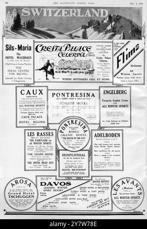 Annonces pour divers hôtels et stations de ski en Suisse, telles que parues dans l'Illustrated London News.8 novembre 1930 Banque D'Images