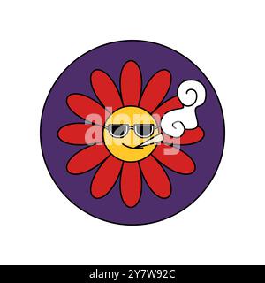 Autocollant rond groovy avec fleur d'été dans des lunettes de soleil fumant marijuana illustration vectorielle Illustration de Vecteur