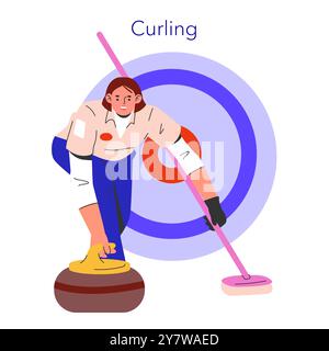 Concept de curling. Un athlète glissant une pierre sur la glace vers la cible. Sports d'hiver et précision dans une illustration vectorielle vivante. Illustration de Vecteur