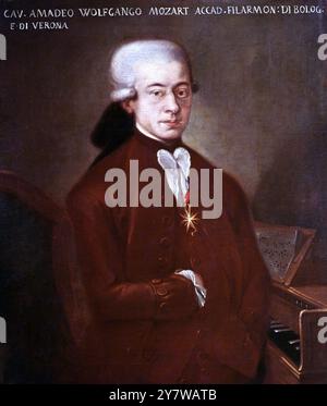 Portrait de Wolfgang Amadeus Mozart au Musée civique de la musique de Bologne, Italie. Banque D'Images