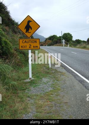 Panneau routier de croisement de pingouins près de Punakaiki Punakaik, côte ouest, Île du Sud, Nouvelle-Zélande - 2006 ©2006 crédit:TopFoto / AMS Banque D'Images