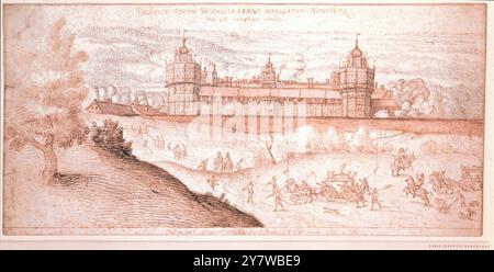 La procession d'Elizabeth I arrivant au palais de Nonesuch (PEN & w/c) par Joris Hoefnagel (1542-1600) British Museum, Londres, Royaume-Uni le palais du roi Henry VIII se trouvait autrefois à Cuddington, Surrey et a été démoli peu après 1670 ©TopFoto Banque D'Images