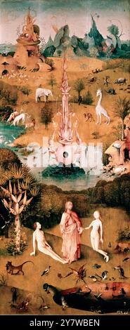 Jardin des délices terrestres - c.1500 par Hieronymous Bosch jardin des délices terrestres (Triptyque) aile gauche, 'Paradise' (détail) Museo del Prado, Madrid Hieronymus Bosch, aussi Jeroen Bosch, Jerome Bosch, (c. 1450 - août 1516) était un peintre néerlandais prolifique du 15ème et 16ème siècle. Beaucoup de ses œuvres dépeignent le péché et les défauts moraux humains. Bosch a utilisé des images de démons, d'animaux mi-humains et de machines pour évoquer la peur et la confusion pour dépeindre le mal de l'homme. Les œuvres contiennent une utilisation complexe, très originale, imaginative et dense de figures symboliques et d'iconographie, dont certaines étaient même obscures Banque D'Images