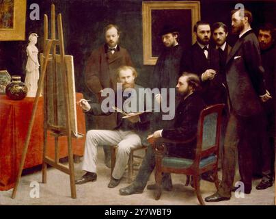 Studio à Batignolles, 1870 (huile sur toile) artiste Fantin-Latour, Ignace Henri Jean (1836-1904) lieu Musée d'Orsay, Paris, France (jeu de paume) un Atelier aux Batignolles chevalet Otto Scholderer Edouard Manet 1832-83 Pierre Auguste Renoir 1841-1919 Zacharie Astruc 1835-1907 Emile Zola 1840-1902 Edmund Maitre Frederic Bazille 1841-70 Claude Monet 1840-1926 peintres artiste peintre artiste peintre artiste portrait sculpteur Henri Fantin-Latour (14 janvier 1836 - 25 août 1904) est un peintre et lithographe français, né Henri Jean Théodore Fantin-Latour à Grenoble, Rhône-Alpes, Fran Banque D'Images