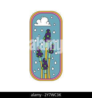 Autocollant groovy avec champignons psychédéliques en croissance et illustration vectorielle de nuage de pluie Illustration de Vecteur