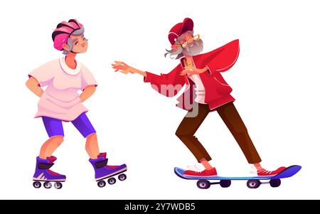 Femme senior active et homme faisant du sport sur patins à roulettes et skateboard. Ensemble vectoriel de dessins animés de vieilles personnes souriantes heureuses pendant le roller et le skateboard. Mode de vie énergique des grands-parents. Illustration de Vecteur