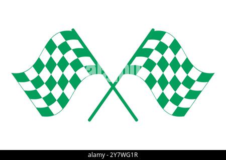 Drapeaux de course à carreaux verts et blancs croisés. Version spéciale du drapeau de fin de session dans certaines courses, affiché à la ligne d'arrivée. Banque D'Images