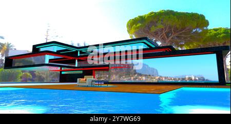 Luxueux manoir privé surplombant un village exclusif en bord de mer sur la côte méditerranéenne. Rendu 3D. Banque D'Images