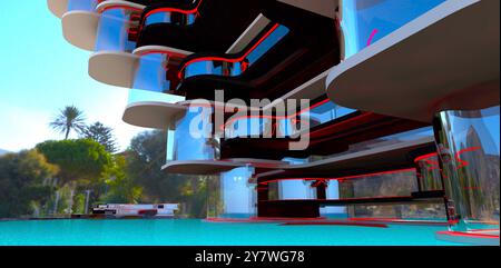 Complexe hôtelier prestigieux avec une piscine spacieuse sur une île tropicale privée pour les clients exclusifs. Rendu 3D. Banque D'Images