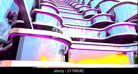 Un lever de soleil séduisant reflété dans la façade vitrée d'un prestigieux complexe hôtelier dans la capitale du Delaware. Rendu 3D. Banque D'Images