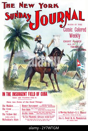 Le journal du dimanche de New York avec lui l'hebdomadaire coloré de bande dessinée, huit pages toutes en couleurs tropicales, 1896 - Un homme à cheval tenant le journal du dimanche dans une main et un fusil dans l'autre ; les hommes dans le camp acclamant ; drapeau cubain en arrière-plan Banque D'Images
