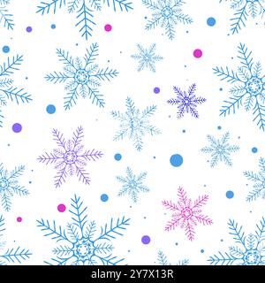 Les flocons de neige bleus, violets et roses de différentes tailles sont disposés dans un motif sans couture sur un fond blanc. Le motif comprend des points dispersés dans Illustration de Vecteur